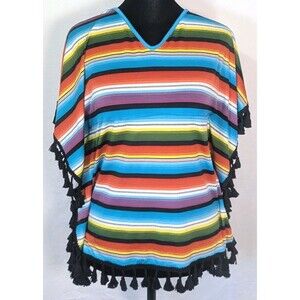 Southern Stitch Women's Medium Serape Stripe Poncho Blouse Tassel Fringe V-Neck